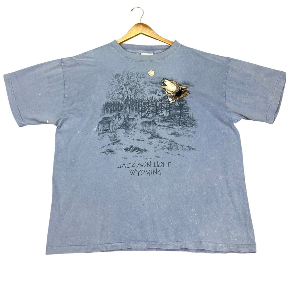 VTG Jackson Hole T-Shirt Mens XL Blue Acid Wash Short Sleeve Distressed USA MADE